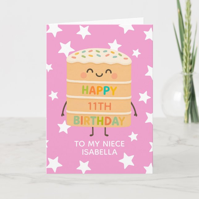Niece 11th Birthday Cute Cake Pink Custom Card (Front)