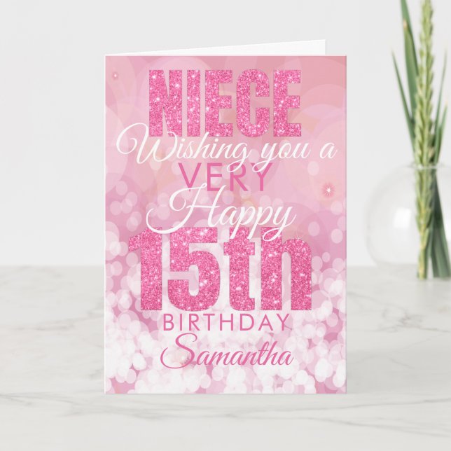 Niece 15th Girly Pink Glitter Birthday Card (Front)