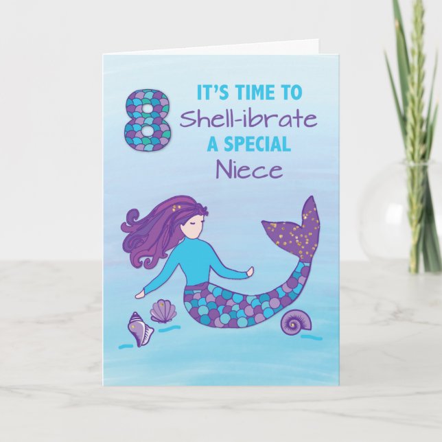 Niece 8th Birthday Sparkly Look Mermaid Card (Front)