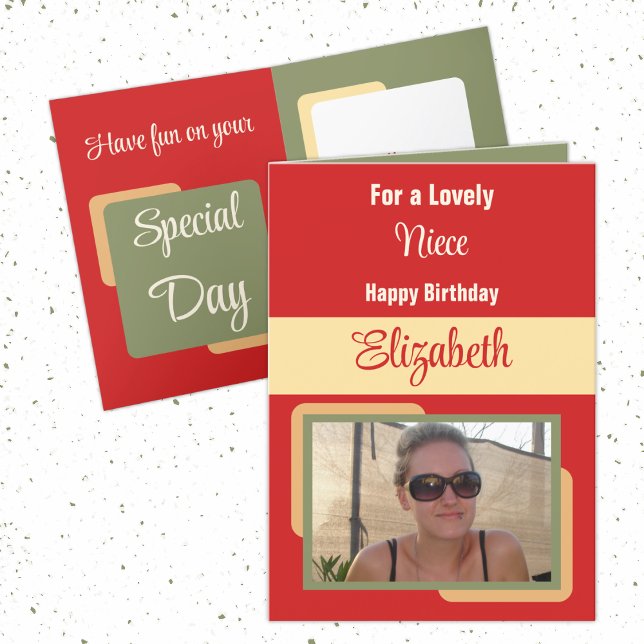 Niece add name photo red yellow birthday card (Creator Uploaded)
