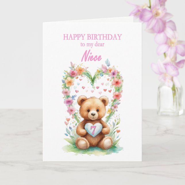 Niece Age 7 Teddy Bear  Card (Orchid)