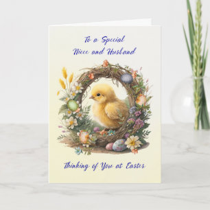 Niece and Husband Easter Chick in Grapevine Wreath Card