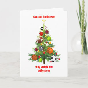Niece and Partner Christmas Tree With Sports Balls Holiday Card