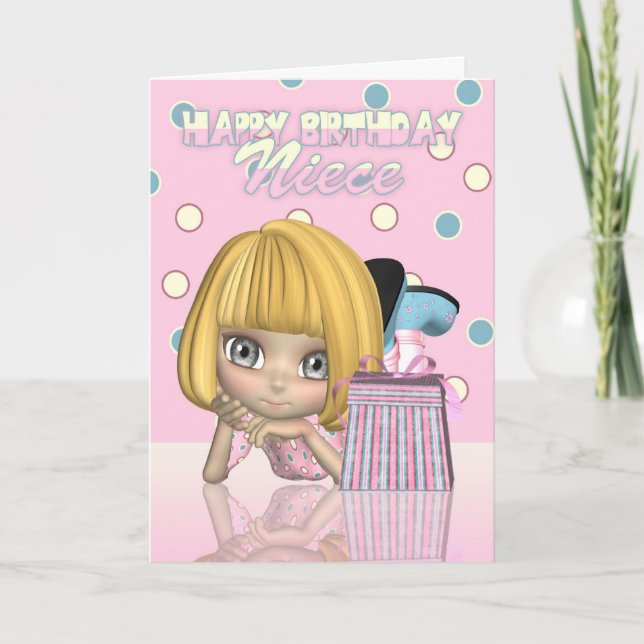 Niece Birthday Card With Cute Little Girl And Gift (Front)