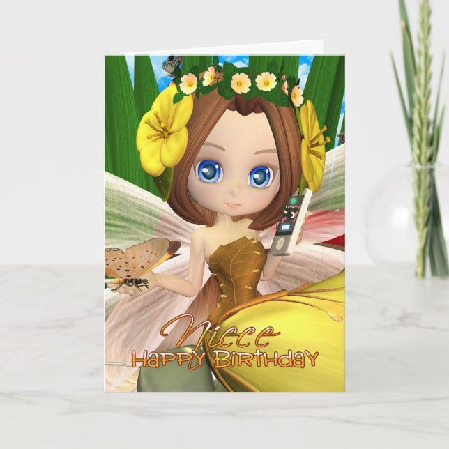 Niece Birthday card with moonies cutie Fall Fairy (Front)