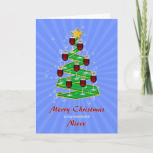 Niece, Christmas Tree with Wine Holiday Card