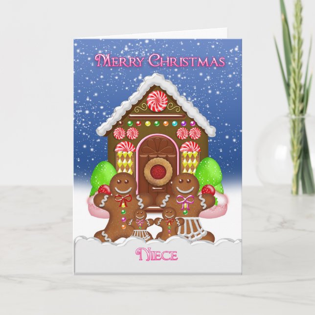 Niece Gingerbread House and Family Christmas Greet Holiday Card (Front)
