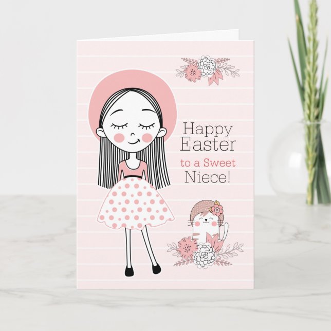 Niece Girl and Cat in Pink and Black Easter Holiday Card (Front)