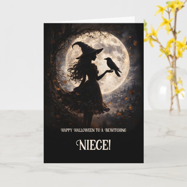 Niece Halloween Customisable with Cute Witch Raven Card (Yellow Flower)
