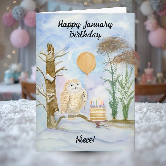 Niece Happy January Birthday Owl Cake Card (Creator Uploaded)
