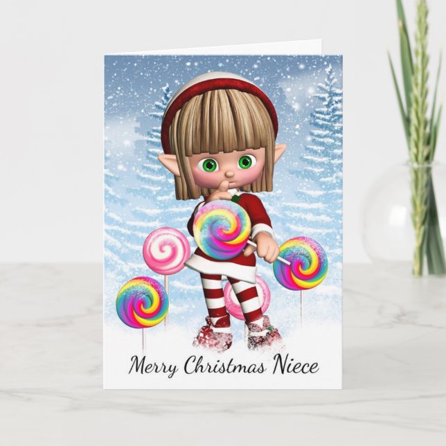 Niece Little Elf With Candy Pops And Snow Holiday Card (Front)