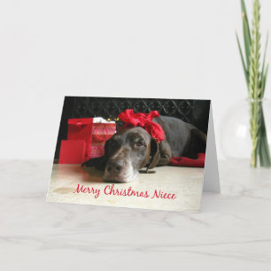 Niece merry christmas pointer and gifts at firepla holiday card