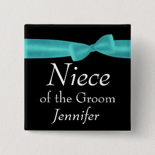 NIECE of GROOM Aqua Bow Wedding Custom Name Y128 15 Cm Square Badge