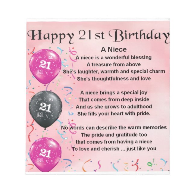 Niece Poem - 21st Birthday Notepad (Front)
