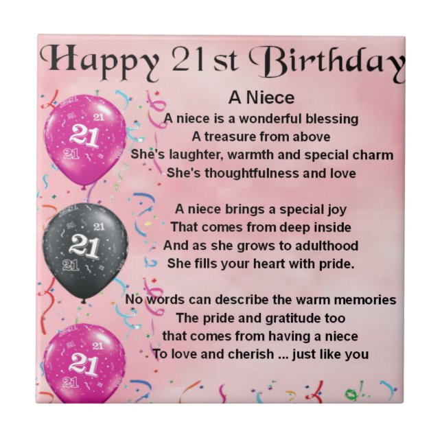 Niece Poem - 21st Birthday Tile (Front)