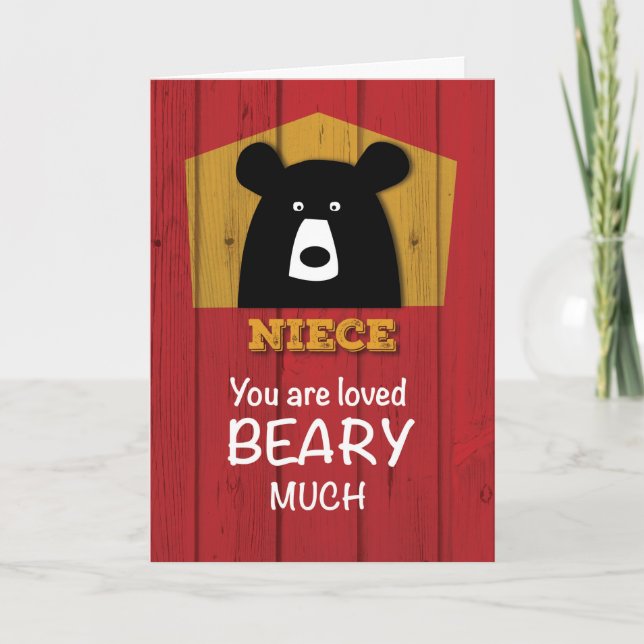 Niece, Valentine Bear Wishes on Red Wood Grain Loo Holiday Card (Front)