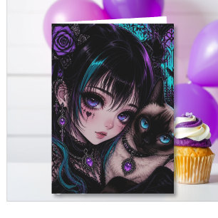 Niece's Birthday   Anime Girl & Cat Card