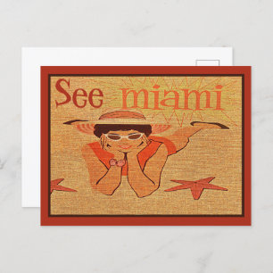 Nifty 50s See Miami Pretty Sunbathing Lady Travel Postcard