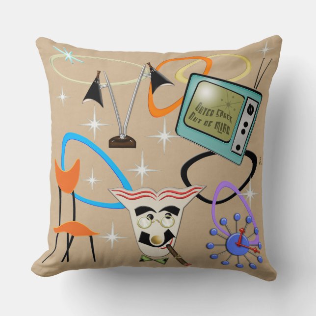 Nifty Fifties Iconic images on Sand Background Cushion (Front)