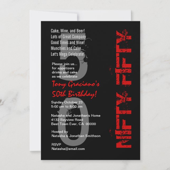 Nifty Fifty - 50th Birthday Black White Red Invitation (Front)