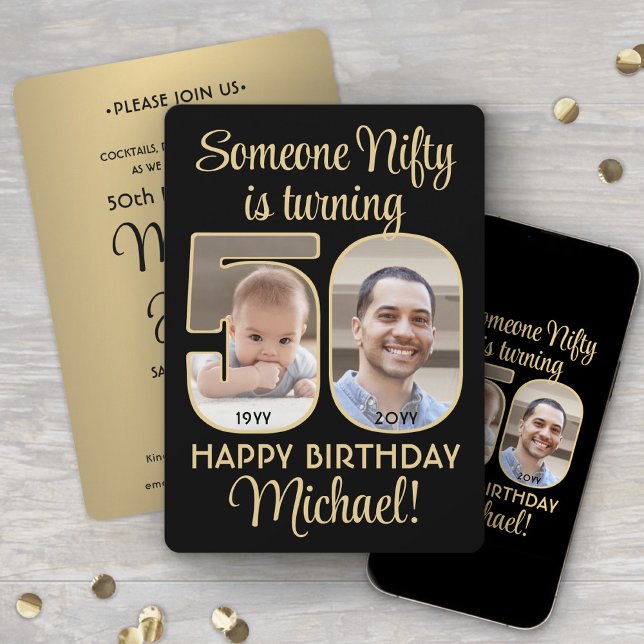 Nifty Fifty Black & Gold 50th Birthday Party Photo Invitation (Creator Uploaded)