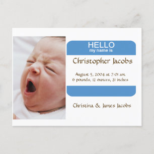Nifty Nametag Birth Announcement For Boys Postcard