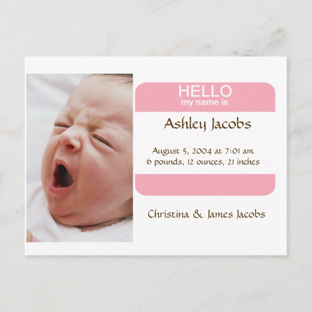 Nifty Nametag Birth Announcement For Girls Postcard (Front)
