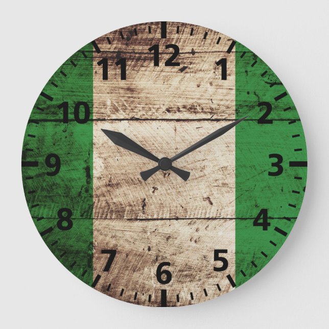 Nigeria Flag on Old Wood Grain Large Clock (Front)
