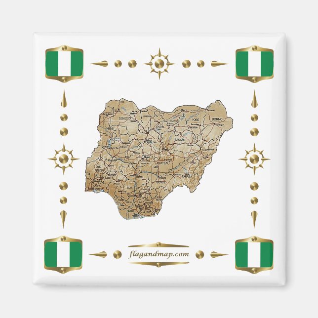 Nigeria Map + Flags Magnet (Front)