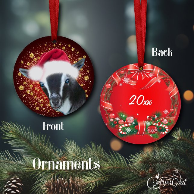 Nigerian Dwarf  Goat Santa Hat Christmas Ornament (Oil paint portrait of a Nigerian Dwarf goat  in a santa hat with gold snowflakes - dated #zazzlemade)