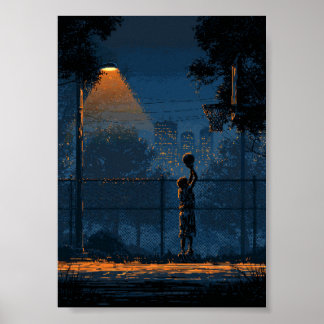 Night Basketball Player Under Streetlight Poster