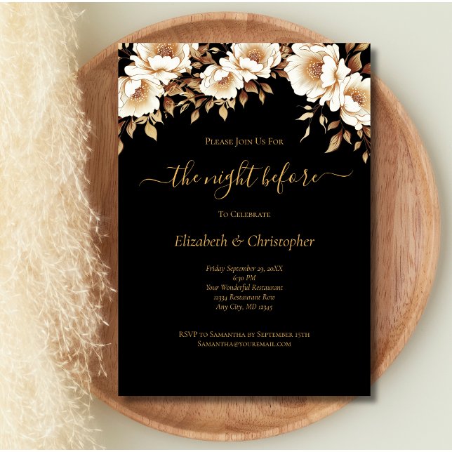 Night Before Black Gold Floral Rehearsal Dinner Invitation (Black Gold Floral The Night Before Wedding Rehearsal Dinner Invitation. Printed or Digital.)