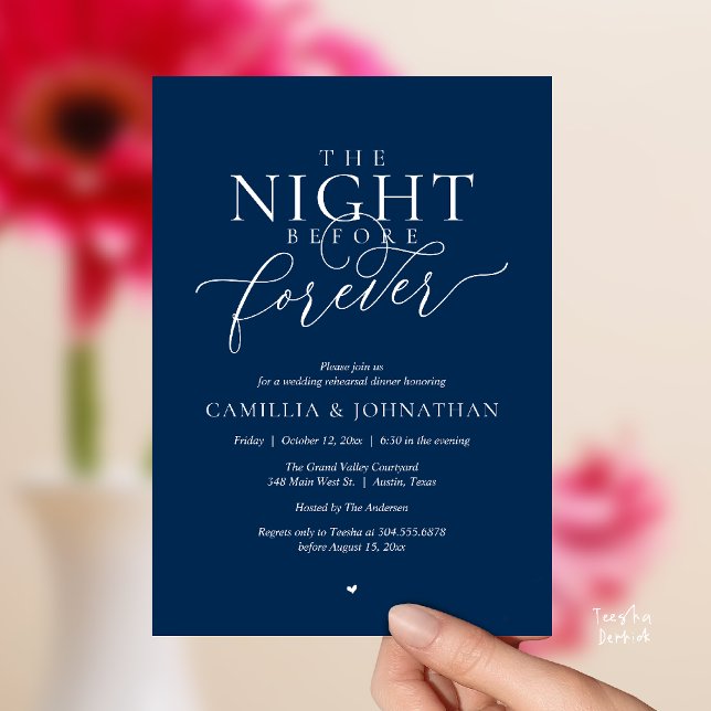 “Night Before Forever” Romantic Rehearsal Dinner Invitation (“Night Before Forever” Modern Romantic Rehearsal Dinner Invitation Card in navy blue)
