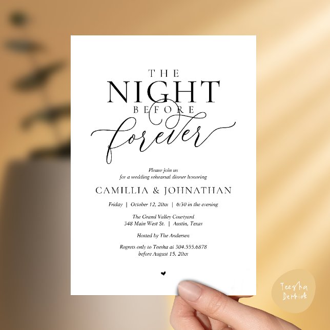 “Night Before Forever” Romantic Rehearsal Dinner Invitation (“Night Before Forever” Modern Romantic Rehearsal Dinner Invitation Card in Black and White)