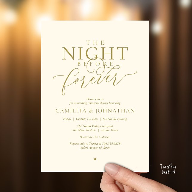 “Night Before Forever” Romantic Rehearsal Dinner Invitation (“Night Before Forever” Modern Romantic Rehearsal Dinner Invitation Card in Gold yellow Cream)