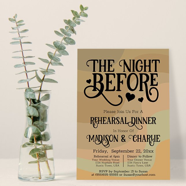 Night Before Retro Tan Wedding Rehearsal & Dinner Invitation (In Situ with Eucalyptus)