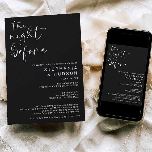 Night before white black wedding rehearsal dinner invitation (Creator Uploaded)
