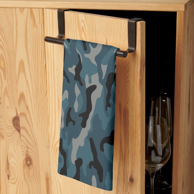 Night Blue Camo Camouflage Tea Towel (Thirds Fold)