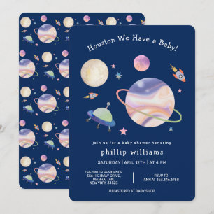 Night Blue Galaxy Space Moon Star Baby Shower Invitation