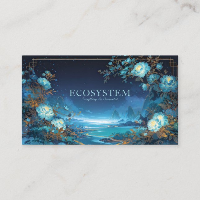 Night Blue Peony Floral and Celestial Lake Frame Business Card (Front)