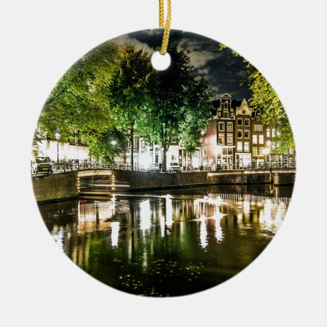 night canal in Amsterdam, Netherlands Ceramic Tree Decoration (Front)