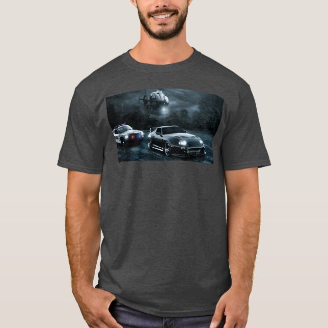 Night Chase with Speeding Sports Car retro T-Shirt (Front)