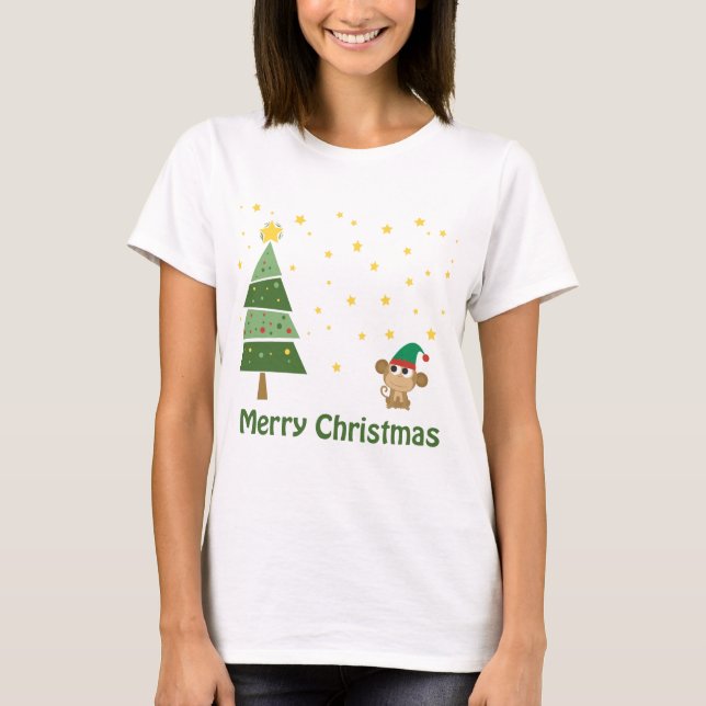 Night Christmas Scene with Cute Monkey T-Shirt (Front)