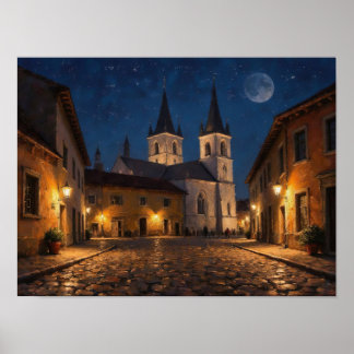 Night Church Street Impressionist Oil Painting Poster