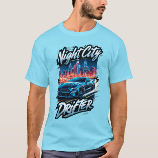 Night City Drift Racing Blue Car in Urban Art T-Shirt