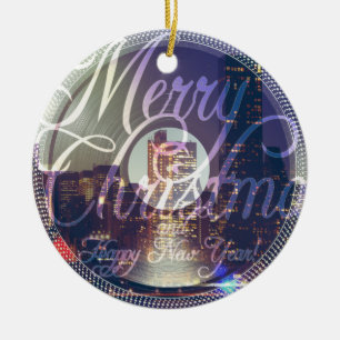 Night city on the record player ceramic tree decoration