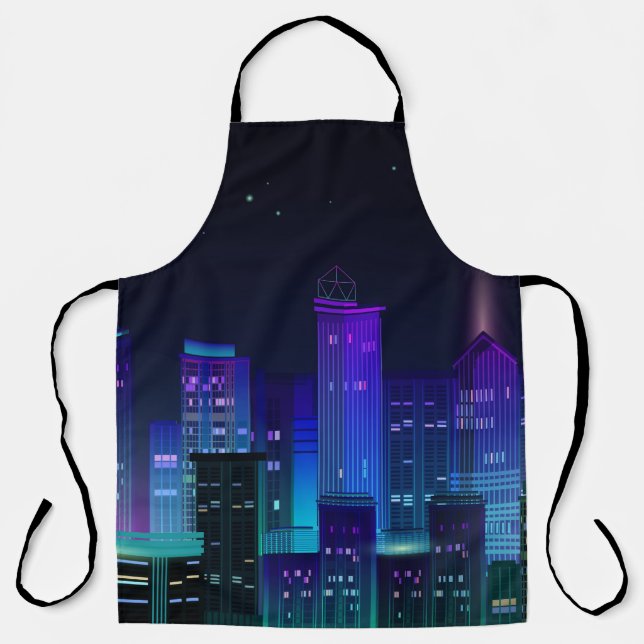 Night city panorama with neon glow on dark backgro apron (Front)