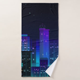 Night city panorama with neon glow on dark backgro bath towel