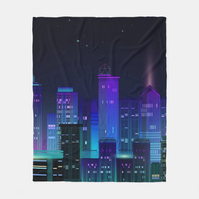 Night city panorama with neon glow on dark backgro fleece blanket (Front)