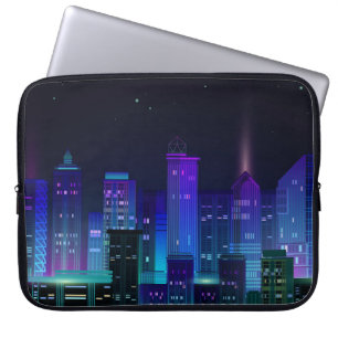 Night city panorama with neon glow on dark backgro laptop sleeve